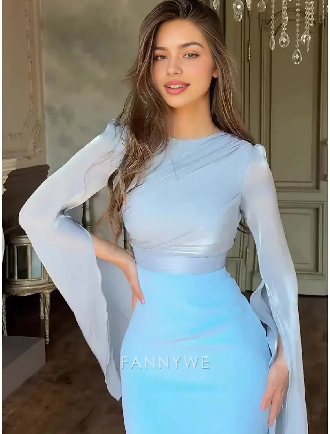 FannyWe Simple A-Line Party Dresses Elegant Dress Formal Wedding Floor Length Long Sleeve Crew Neck Satin with Embroidery