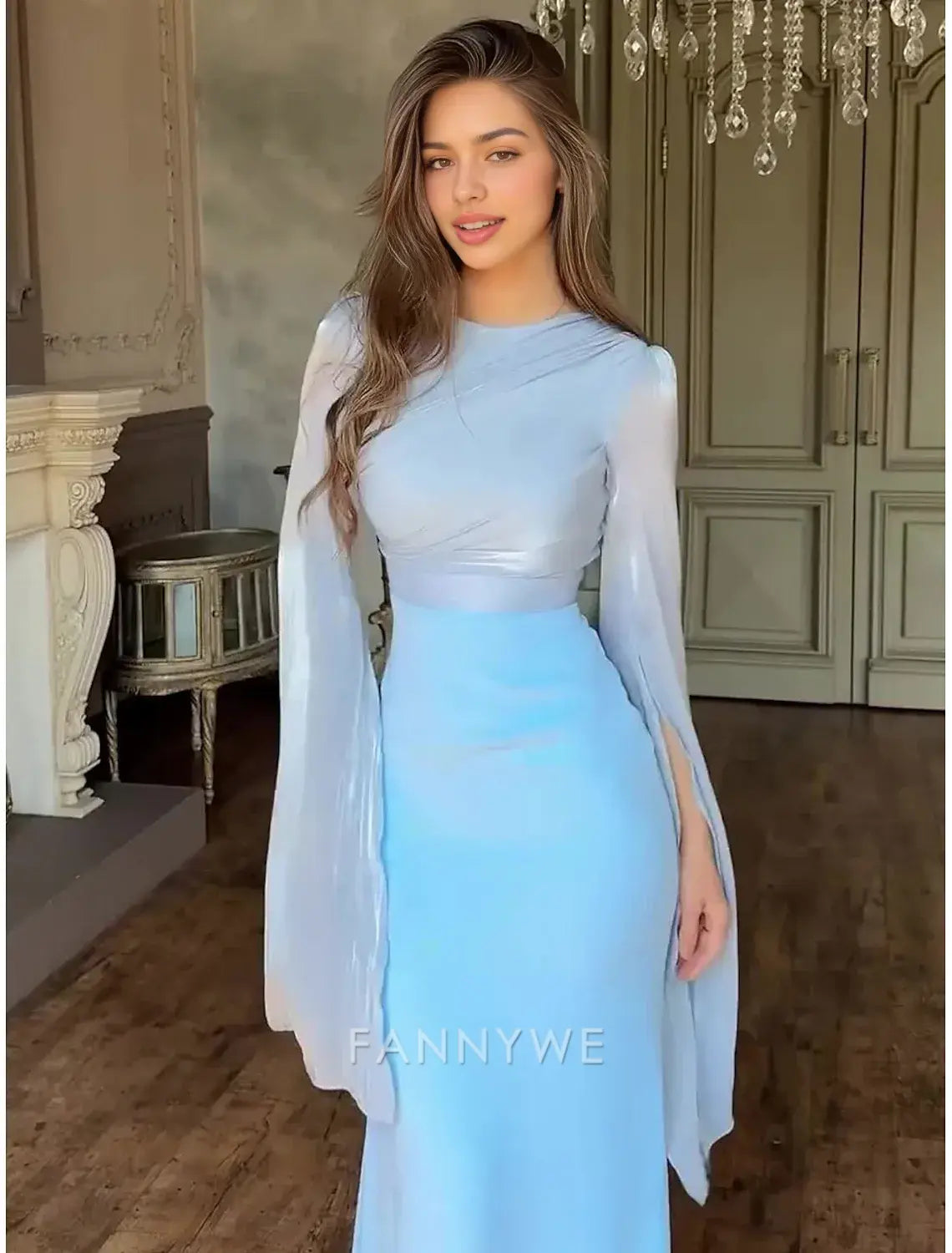 FannyWe Simple A-Line Party Dresses Elegant Dress Formal Wedding Floor Length Long Sleeve Crew Neck Satin with Embroidery