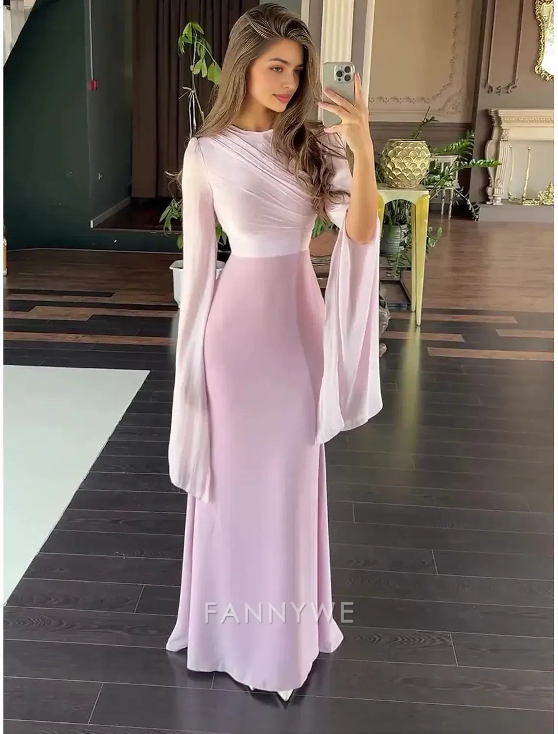 FannyWe Simple A-Line Party Dresses Elegant Dress Formal Wedding Floor Length Long Sleeve Crew Neck Satin with Embroidery