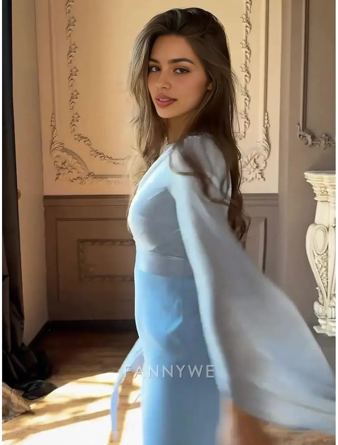 FannyWe Simple A-Line Party Dresses Elegant Dress Formal Wedding Floor Length Long Sleeve Crew Neck Satin with Embroidery