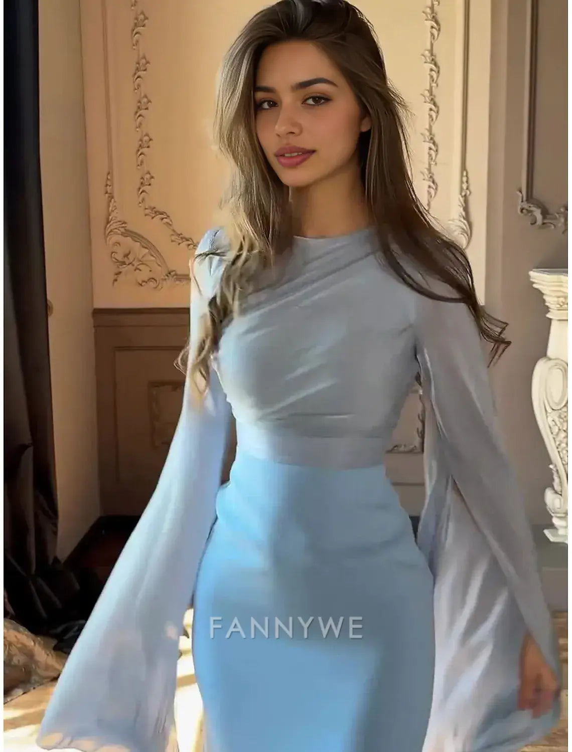 FannyWe Simple A-Line Party Dresses Elegant Dress Formal Wedding Floor Length Long Sleeve Crew Neck Satin with Embroidery