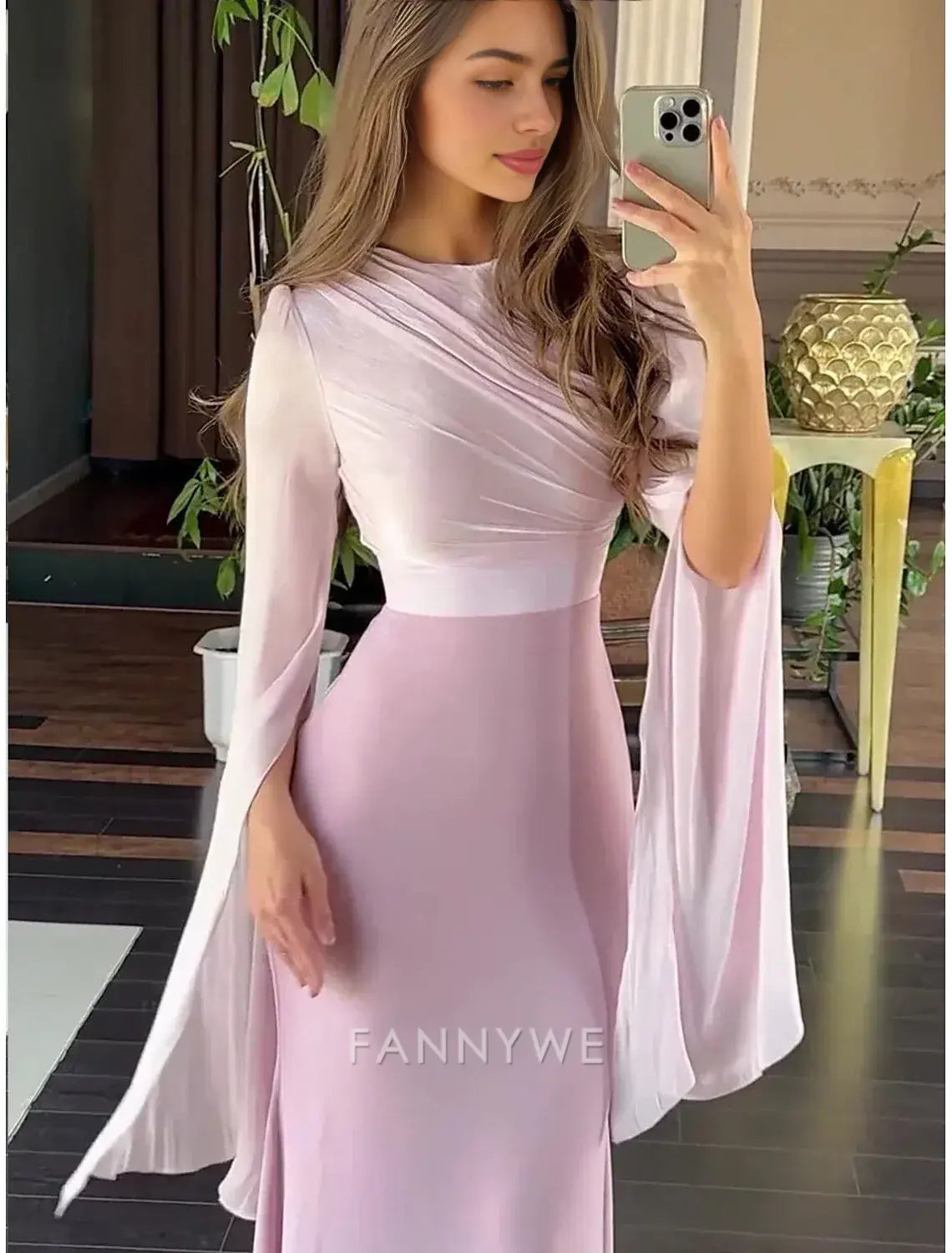 FannyWe Simple A-Line Party Dresses Elegant Dress Formal Wedding Floor Length Long Sleeve Crew Neck Satin with Embroidery