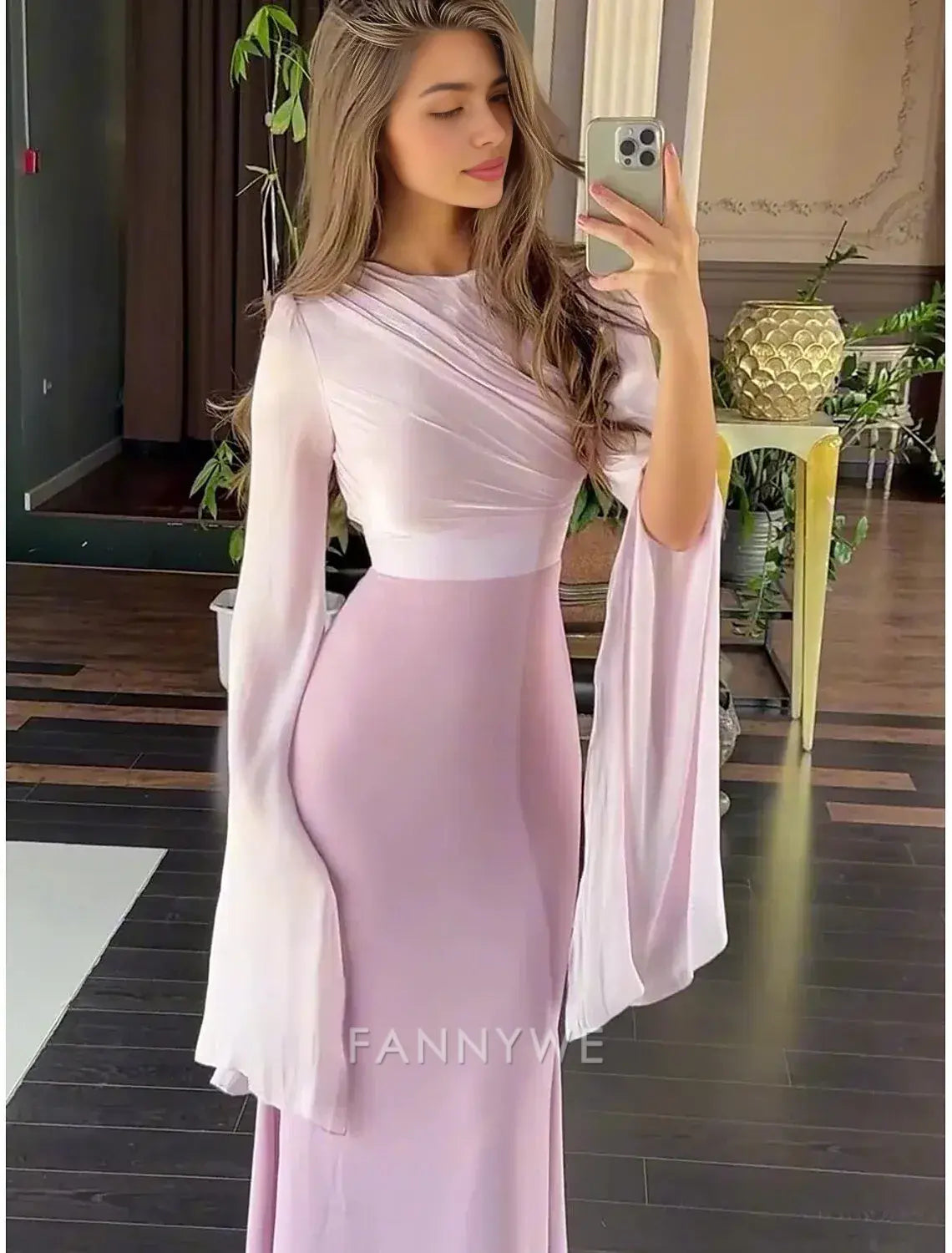 FannyWe Simple A-Line Party Dresses Elegant Dress Formal Wedding Floor Length Long Sleeve Crew Neck Satin with Embroidery