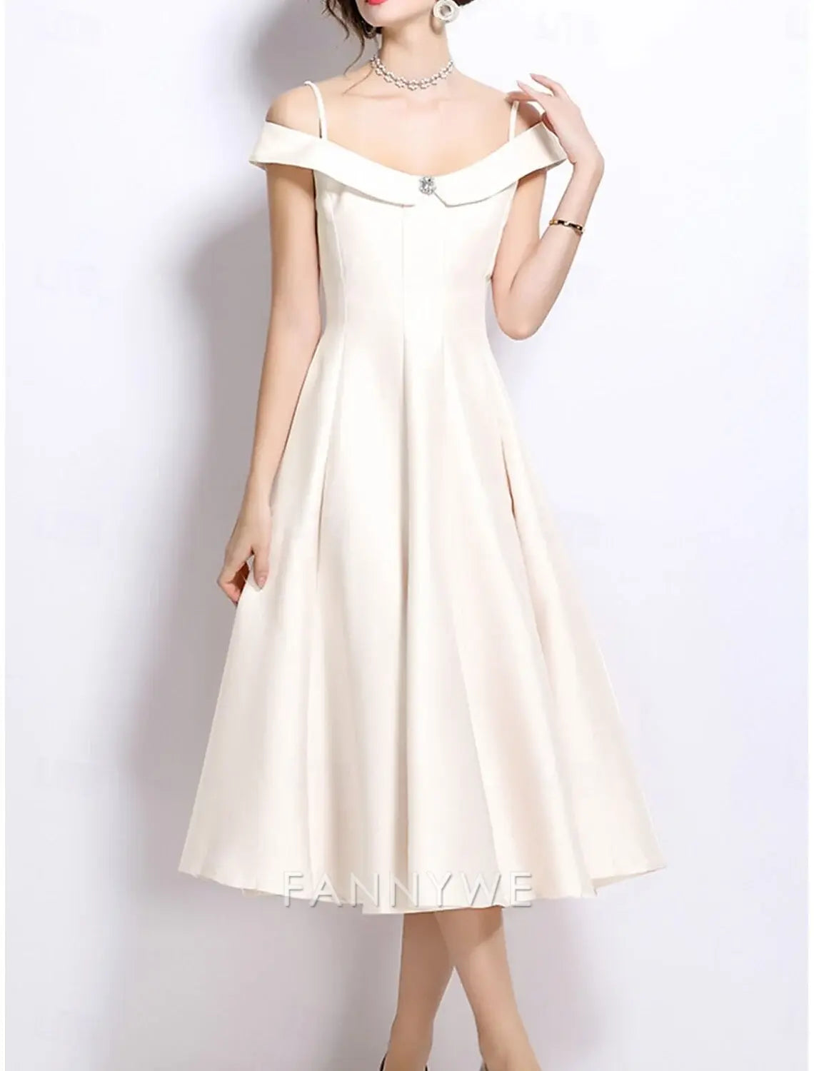 FannyWe Simple A-Line Party Dresses Elegant Dress Wedding Wedding Guest Tea Length Sleeveless Off Shoulder Polyester Backless with Pleats