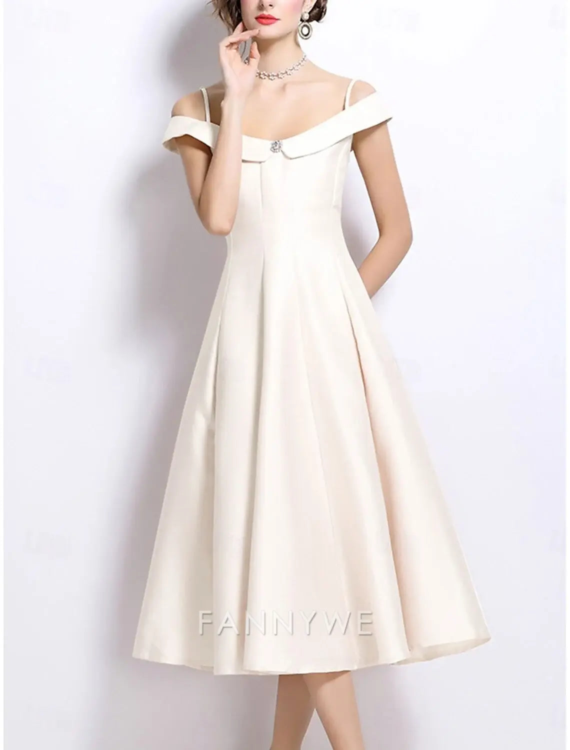 FannyWe Simple A-Line Party Dresses Elegant Dress Wedding Wedding Guest Tea Length Sleeveless Off Shoulder Polyester Backless with Pleats