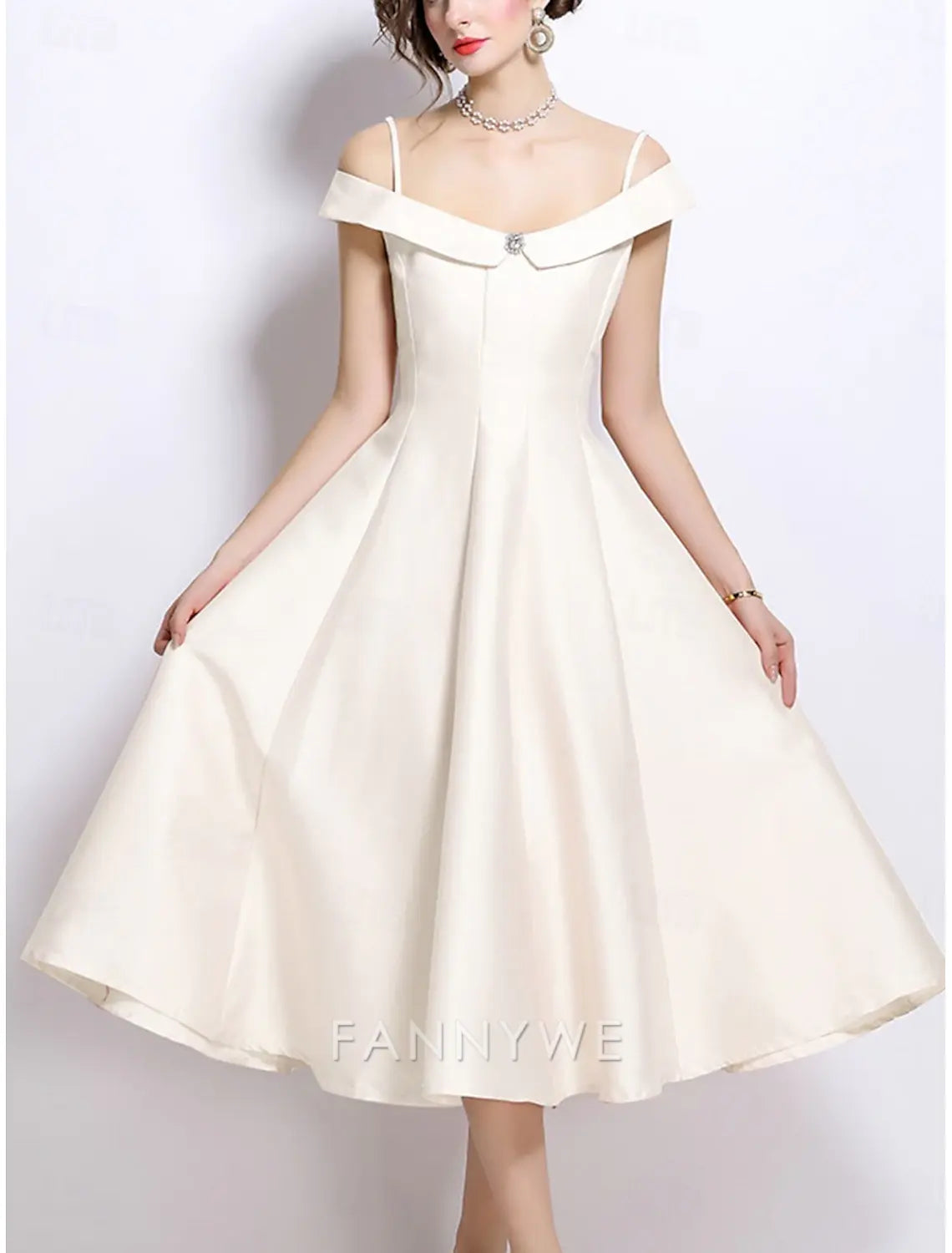 FannyWe Simple A-Line Party Dresses Elegant Dress Wedding Wedding Guest Tea Length Sleeveless Off Shoulder Polyester Backless with Pleats