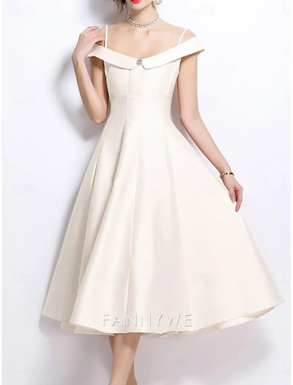 FannyWe Simple A-Line Party Dresses Elegant Dress Wedding Wedding Guest Tea Length Sleeveless Off Shoulder Polyester Backless with Pleats