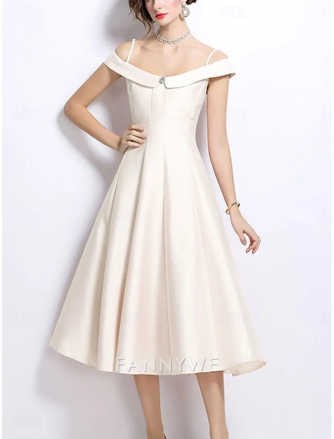 FannyWe Simple A-Line Party Dresses Elegant Dress Wedding Wedding Guest Tea Length Sleeveless Off Shoulder Polyester Backless with Pleats