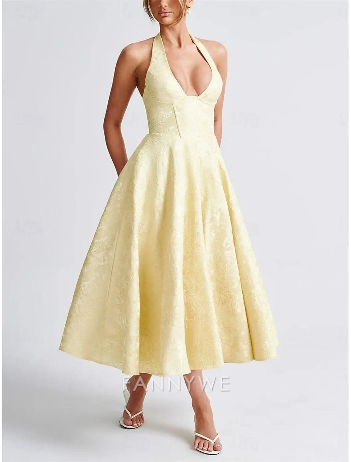 FannyWe Simple A-Line Pink Dress Jacquard Dress Semi Formal Cocktail Dress Wedding Midi Length Sleeveless Halter Neck Bow Backless with Lace Up Detail Wedding Guest Dress