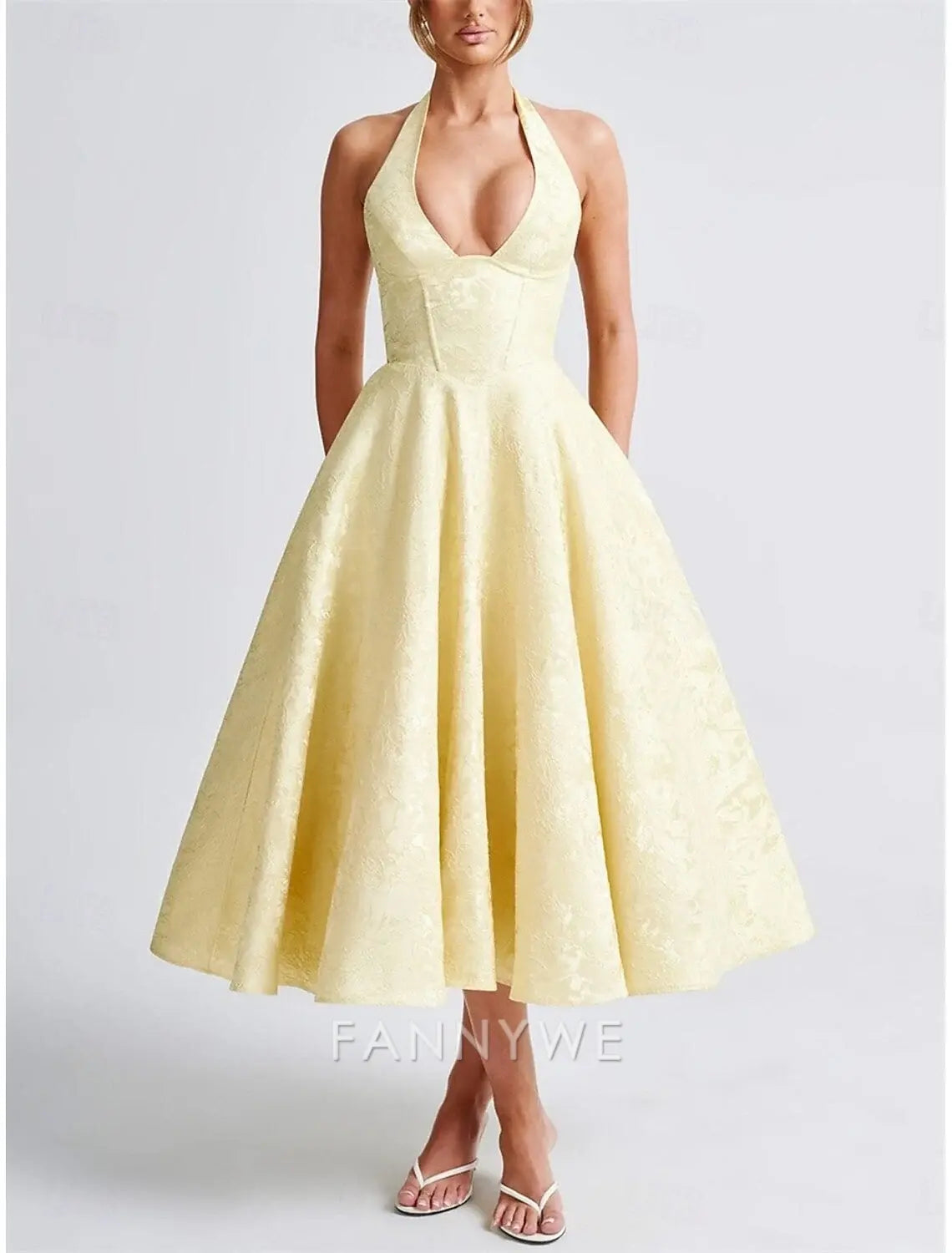 FannyWe Simple A-Line Pink Dress Jacquard Dress Semi Formal Cocktail Dress Wedding Midi Length Sleeveless Halter Neck Bow Backless with Lace Up Detail Wedding Guest Dress