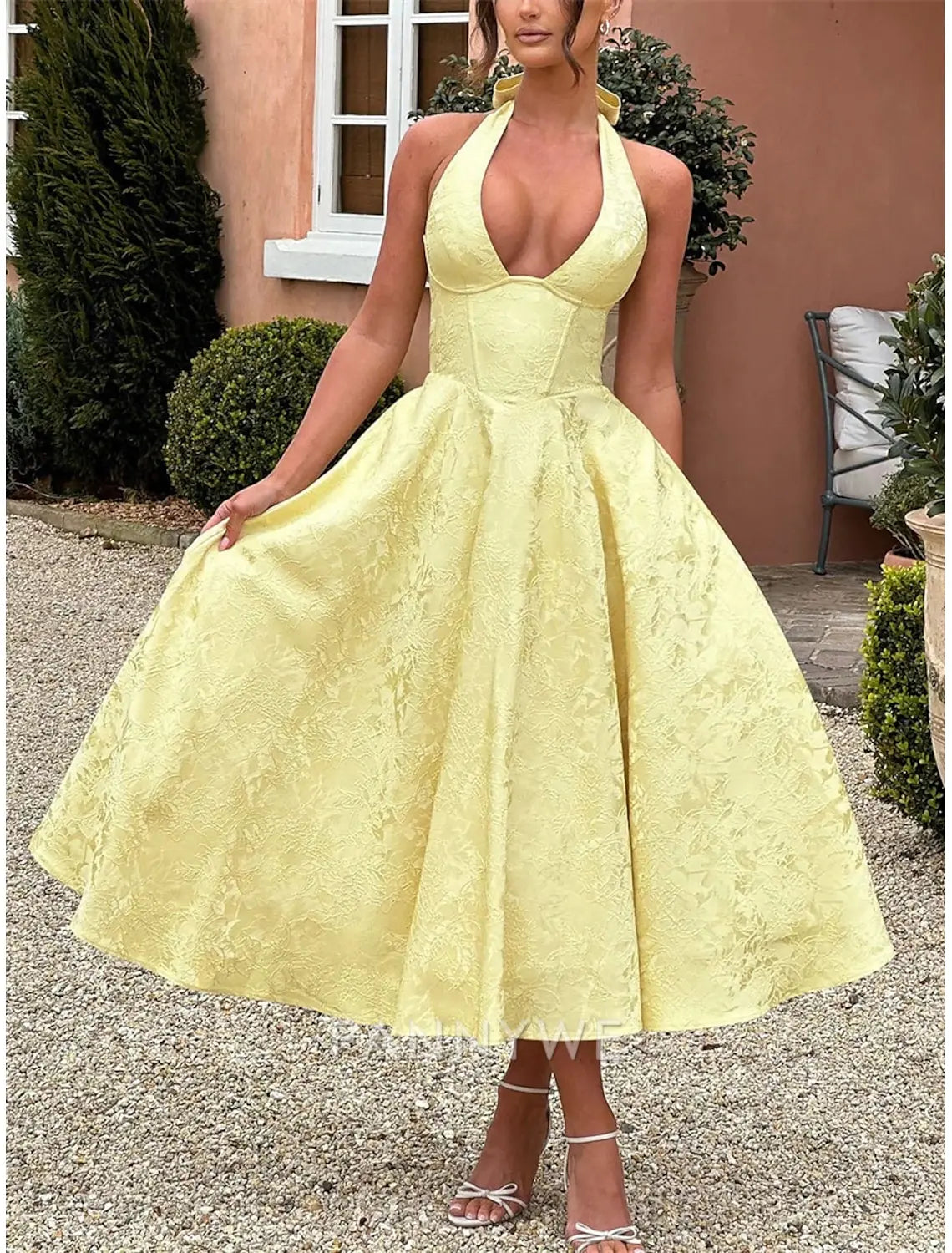 FannyWe Simple A-Line Pink Dress Jacquard Dress Semi Formal Cocktail Dress Wedding Midi Length Sleeveless Halter Neck Bow Backless with Lace Up Detail Wedding Guest Dress