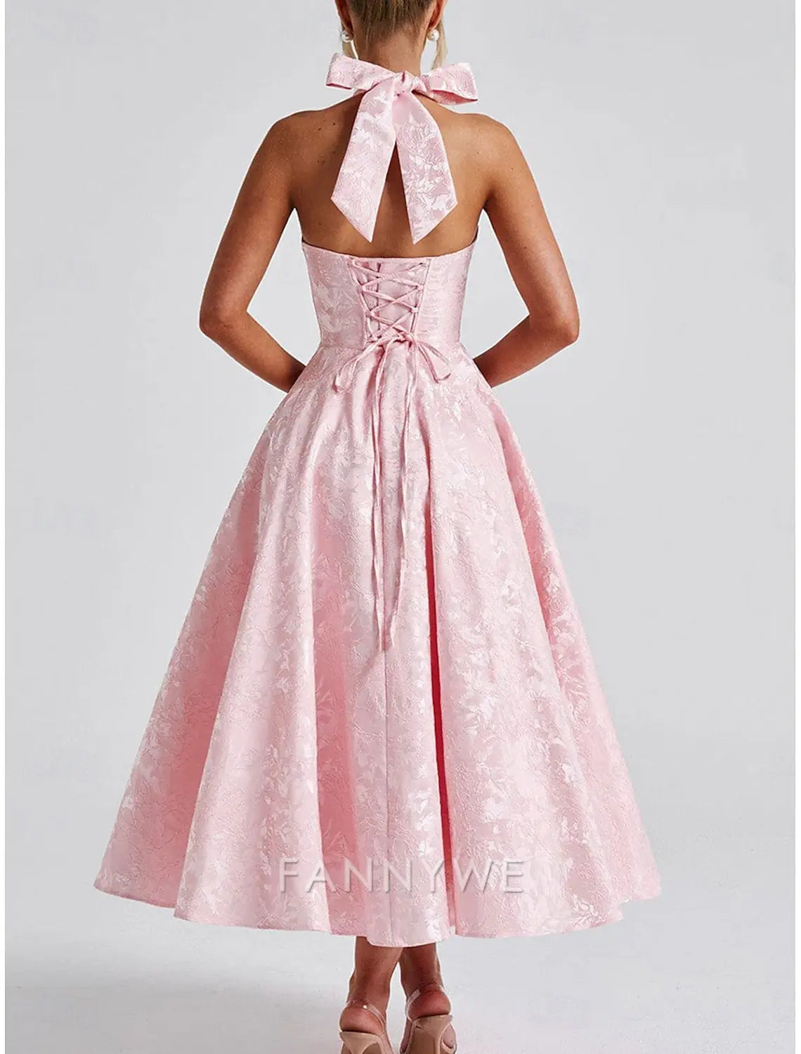FannyWe Simple A-Line Pink Dress Jacquard Dress Semi Formal Cocktail Dress Wedding Midi Length Sleeveless Halter Neck Bow Backless with Lace Up Detail Wedding Guest Dress