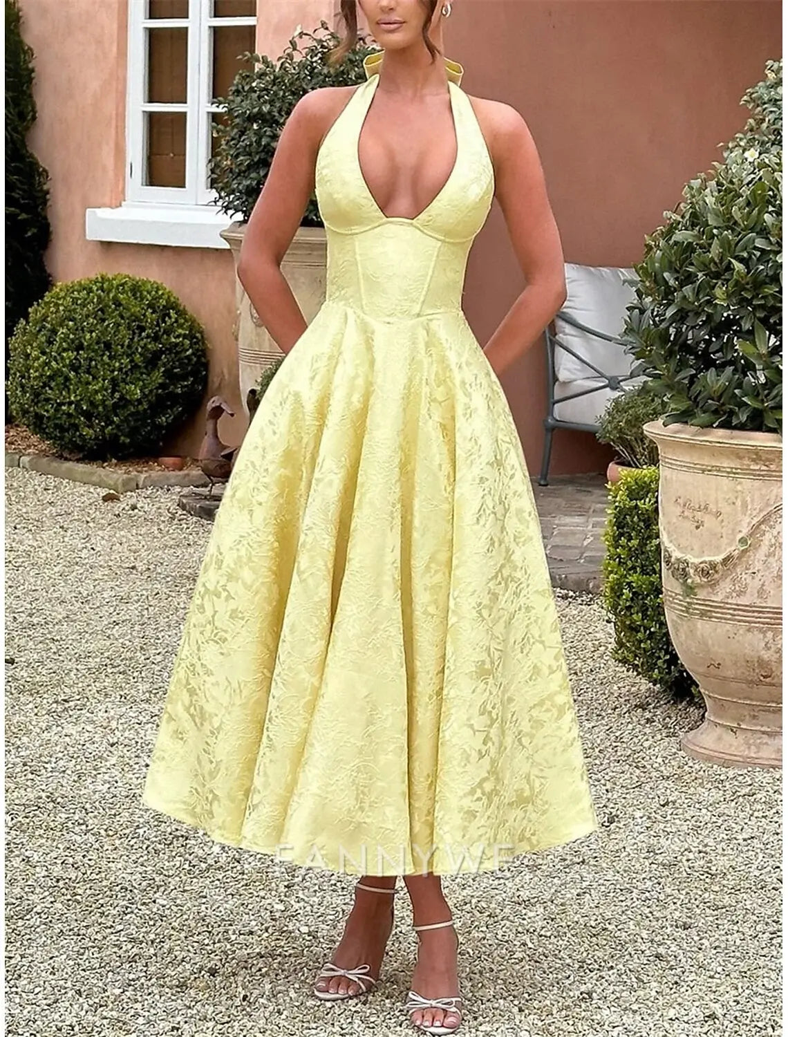 FannyWe Simple A-Line Pink Dress Jacquard Dress Semi Formal Cocktail Dress Wedding Midi Length Sleeveless Halter Neck Bow Backless with Lace Up Detail Wedding Guest Dress