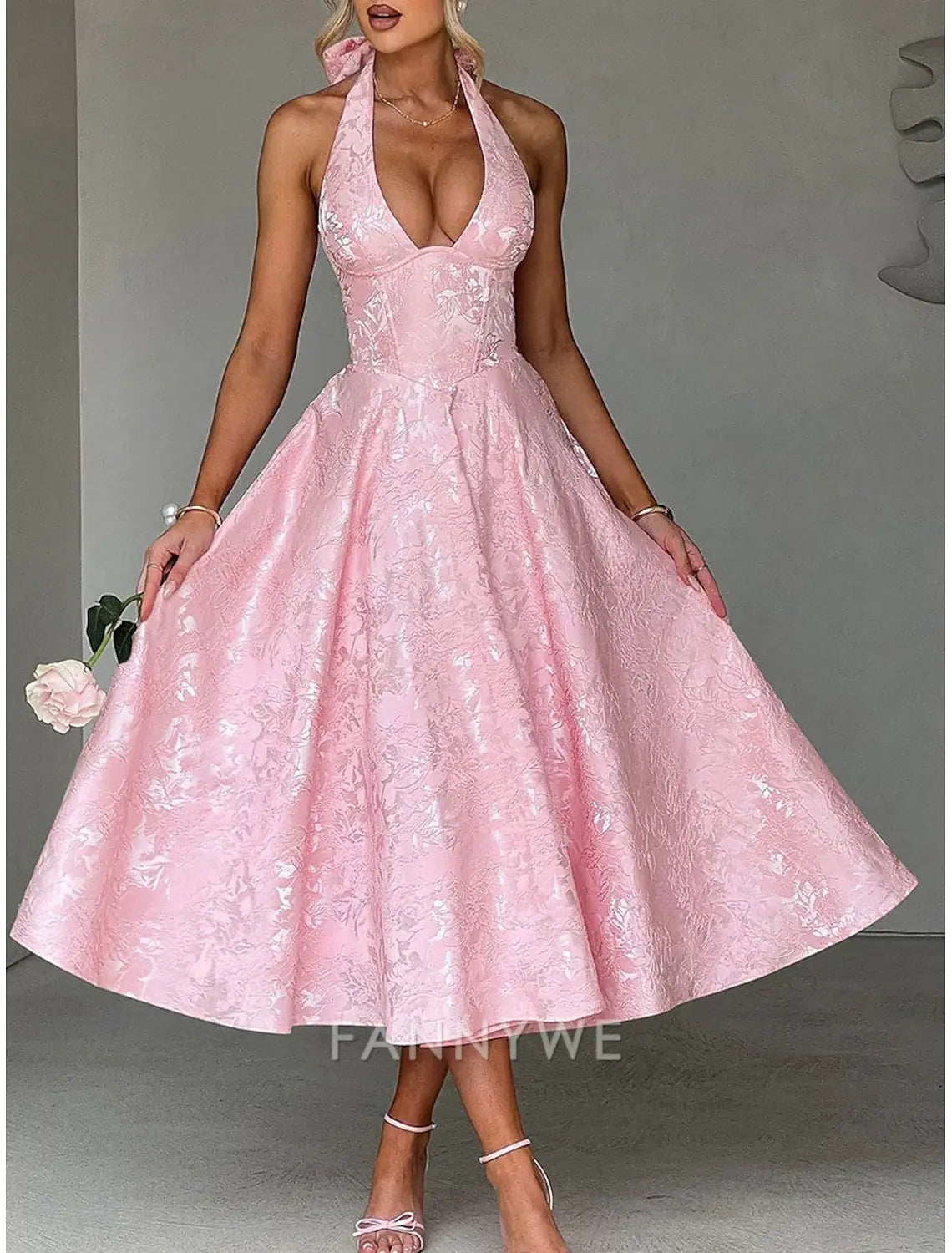 FannyWe Simple A-Line Pink Dress Jacquard Dress Semi Formal Cocktail Dress Wedding Midi Length Sleeveless Halter Neck Bow Backless with Lace Up Detail Wedding Guest Dress