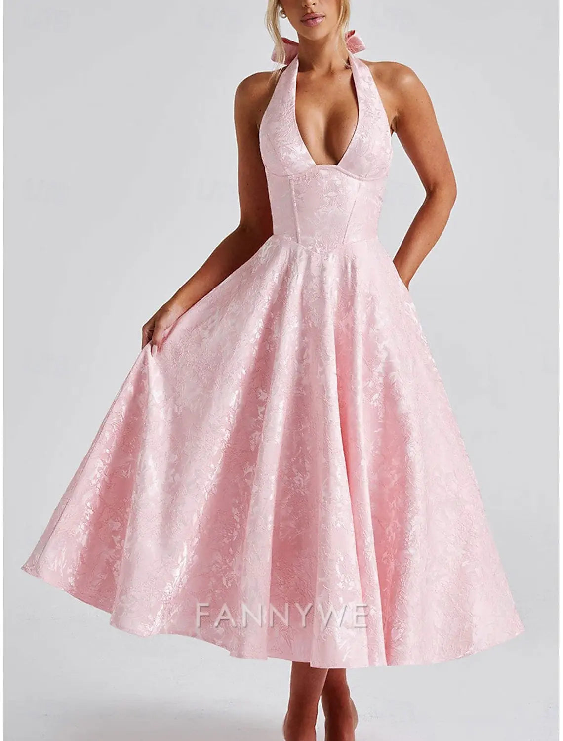FannyWe Simple A-Line Pink Dress Jacquard Dress Semi Formal Cocktail Dress Wedding Midi Length Sleeveless Halter Neck Bow Backless with Lace Up Detail Wedding Guest Dress