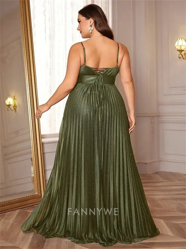FannyWe Simple A-Line Plus Size Dresses Elegant Curve Dress Formal Wedding Floor Length Sleeveless V Neck Satin Backless with Pleats