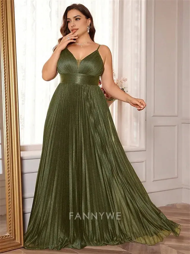 FannyWe Simple A-Line Plus Size Dresses Elegant Curve Dress Formal Wedding Floor Length Sleeveless V Neck Satin Backless with Pleats