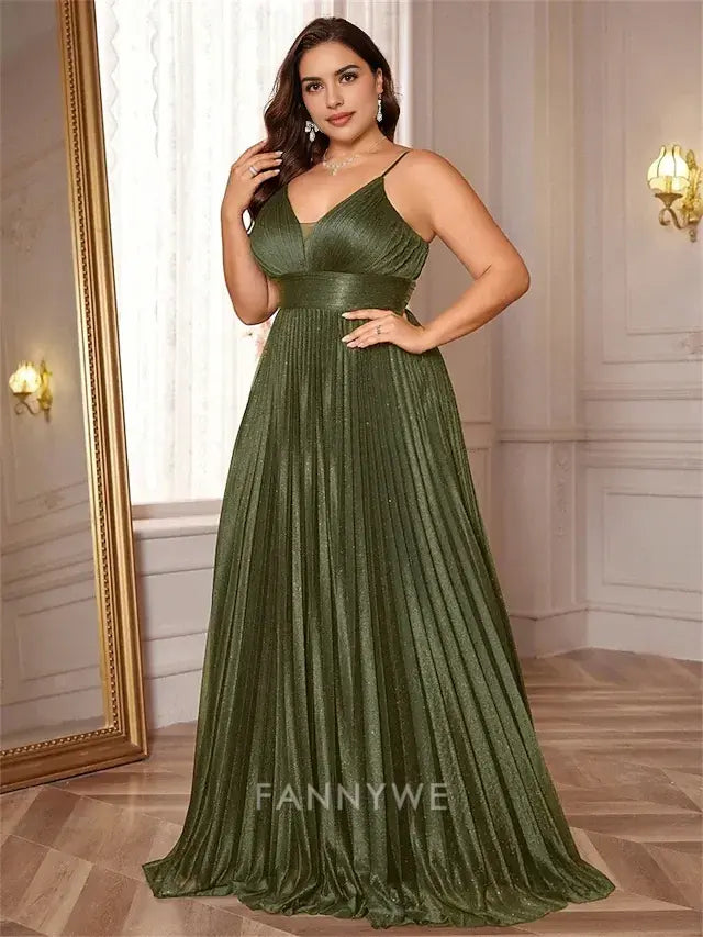 FannyWe Simple A-Line Plus Size Dresses Elegant Curve Dress Formal Wedding Floor Length Sleeveless V Neck Satin Backless with Pleats