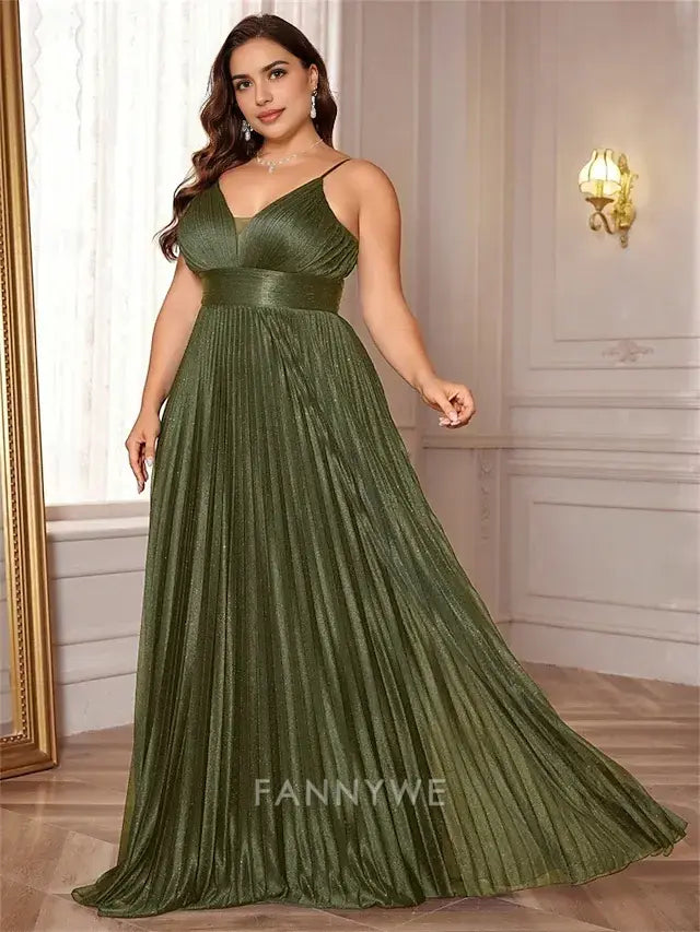 FannyWe Simple A-Line Plus Size Dresses Elegant Curve Dress Formal Wedding Floor Length Sleeveless V Neck Satin Backless with Pleats