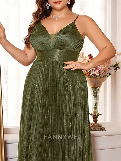 FannyWe Simple A-Line Plus Size Dresses Elegant Curve Dress Formal Wedding Floor Length Sleeveless V Neck Satin Backless with Pleats