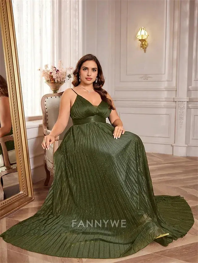 FannyWe Simple A-Line Plus Size Dresses Elegant Curve Dress Formal Wedding Floor Length Sleeveless V Neck Satin Backless with Pleats