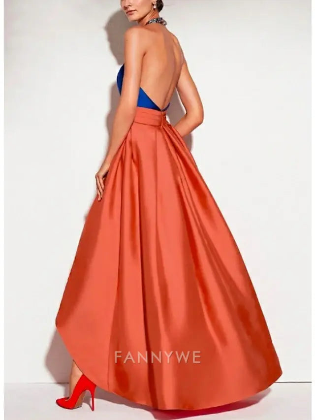 FannyWe Simple A-Line Prom Dresses Color Block Dress Wedding Guest Formal Evening Asymmetrical Sleeveless Halter Neck Satin with Pleats