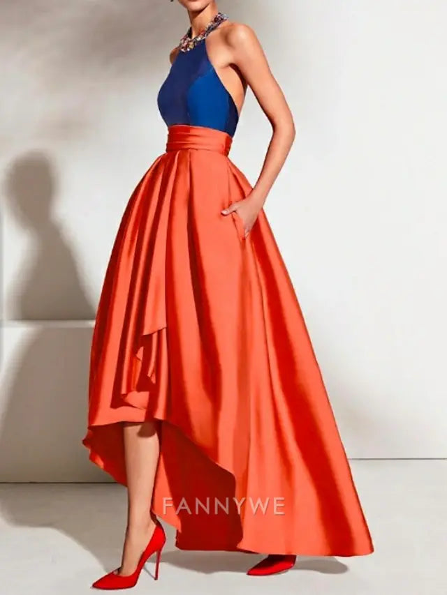 FannyWe Simple A-Line Prom Dresses Color Block Dress Wedding Guest Formal Evening Asymmetrical Sleeveless Halter Neck Satin with Pleats