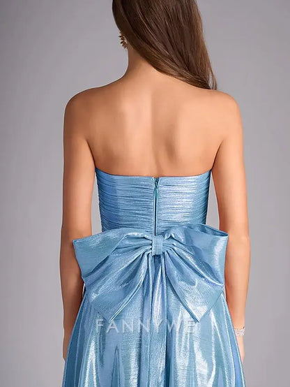 FannyWe Simple A-Line Prom Dresses Elegant Dress Formal Evening Party Floor Length Sleeveless Off Shoulder Polyester with Bow(s) Ruched Slit