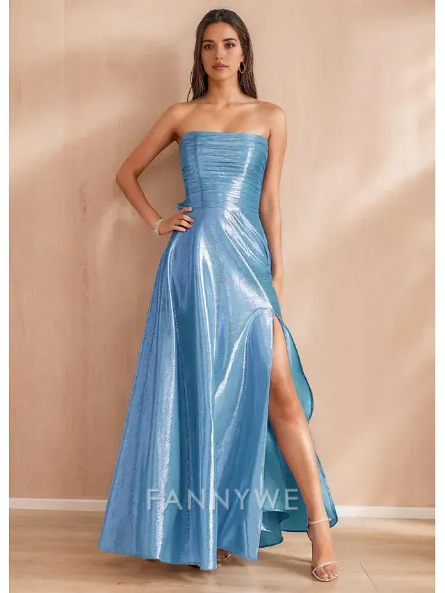 FannyWe Simple A-Line Prom Dresses Elegant Dress Formal Evening Party Floor Length Sleeveless Off Shoulder Polyester with Bow(s) Ruched Slit