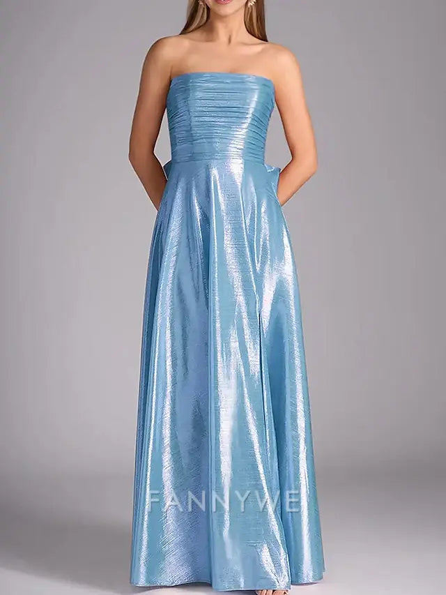 FannyWe Simple A-Line Prom Dresses Elegant Dress Formal Evening Party Floor Length Sleeveless Off Shoulder Polyester with Bow(s) Ruched Slit