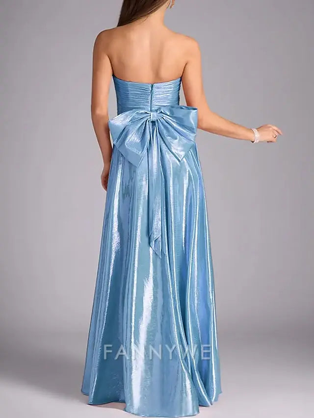 FannyWe Simple A-Line Prom Dresses Elegant Dress Formal Evening Party Floor Length Sleeveless Off Shoulder Polyester with Bow(s) Ruched Slit