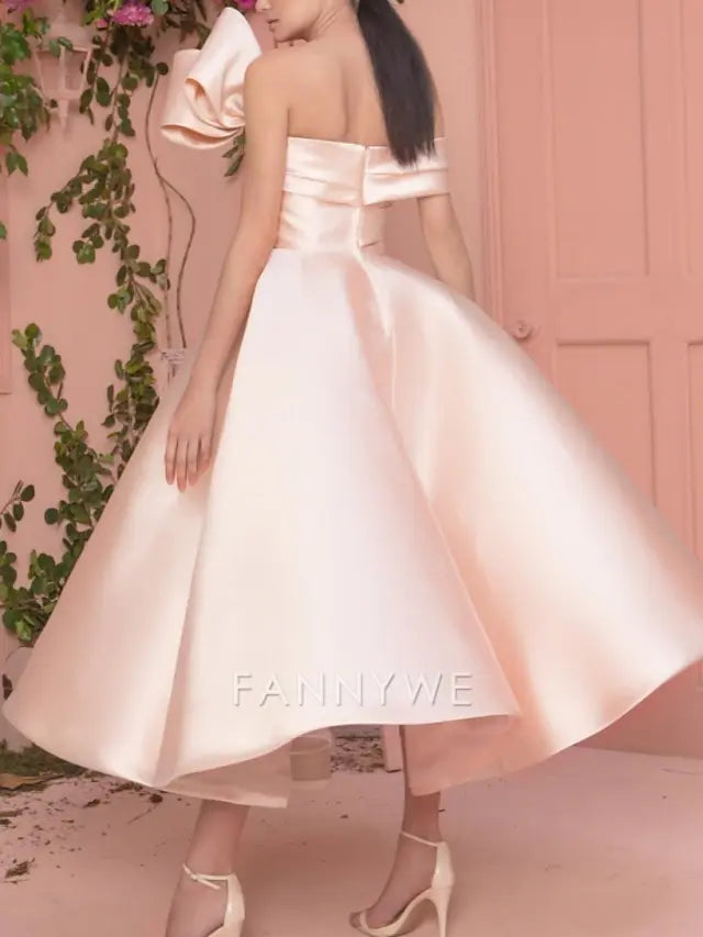 FannyWe Simple A-Line Prom Dresses Elegant Dress Valentine's Day Wedding Guest Ankle Length Short Sleeve Off Shoulder Satin with Sleek