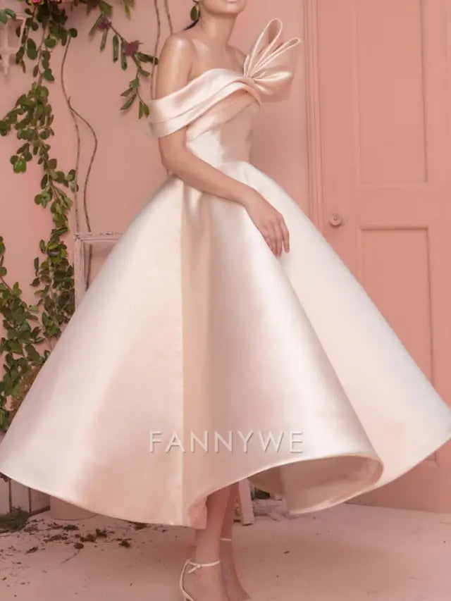 FannyWe Simple A-Line Prom Dresses Elegant Dress Valentine's Day Wedding Guest Ankle Length Short Sleeve Off Shoulder Satin with Sleek