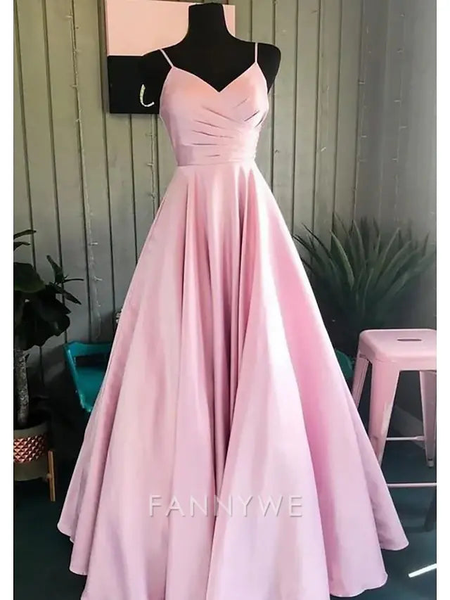 FannyWe Simple A-Line Prom Dresses Minimalist Dress Formal Wedding Guest Floor Length Sleeveless V Neck Bridesmaid Dress Stretch Satin Backless with Pleats Ruched