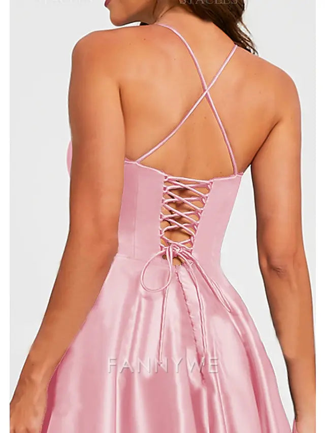 FannyWe Simple A-Line Prom Dresses Minimalist Dress Formal Wedding Guest Floor Length Sleeveless V Neck Bridesmaid Dress Stretch Satin Backless with Pleats Ruched