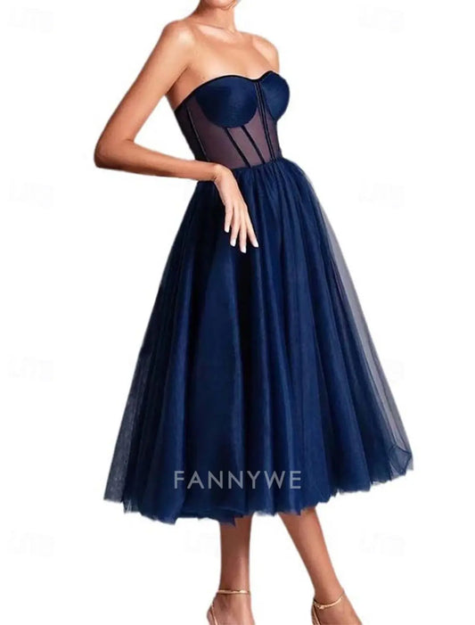 FannyWe Simple A Line Vestidos de fiesta Vestido de fiesta Fiesta de noche Cóctel Fiesta Longitud de rodilla Sin mangas Escote en forma de corazón Tul con fruncido 