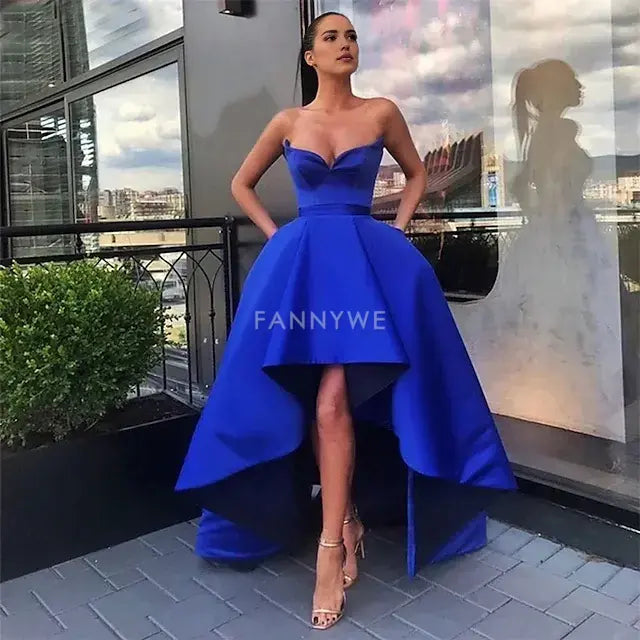 FannyWe Simple A-Line Prom Dresses Sexy Dress Wedding Guest Prom Asymmetrical Sleeveless Off Shoulder Pocket Satin with Pocket Masquerade Dress