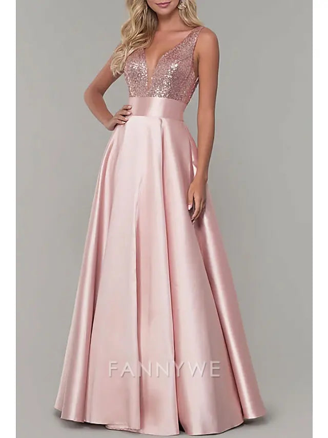 FannyWe Simple  A-Line Prom Dresses Sparkle Dress Prom Formal Evening Floor Length Sleeveless V Neck Bridesmaid Dress Satin with Pleats Sequin dress to impress