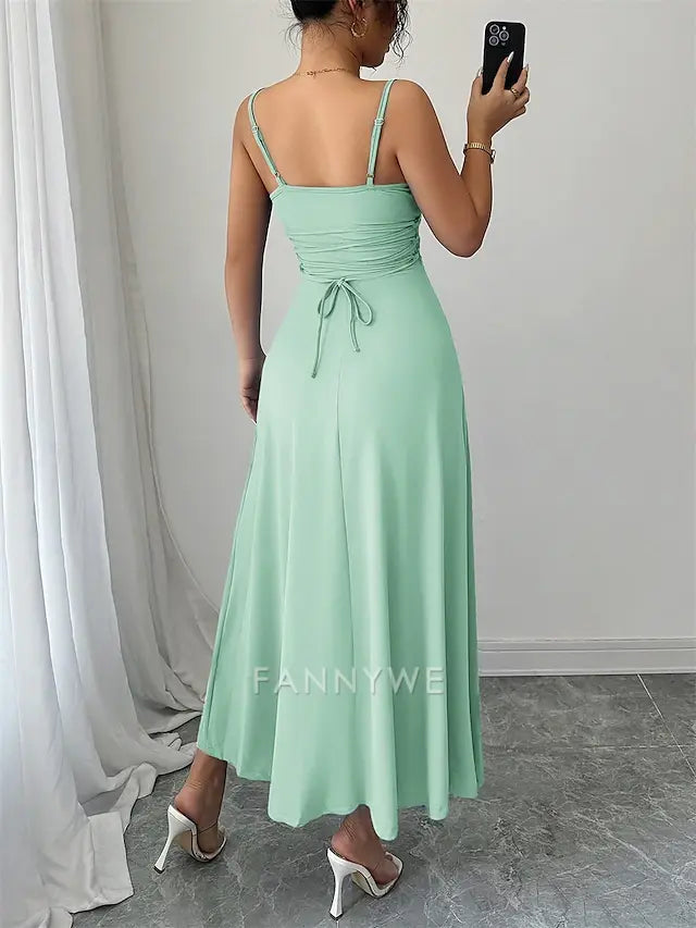 FannyWe Simple A-Line Quinceanera Dresses Elegant Dress Formal Wedding Ankle Length Sleeveless Sweetheart Satin Backless with Ruched