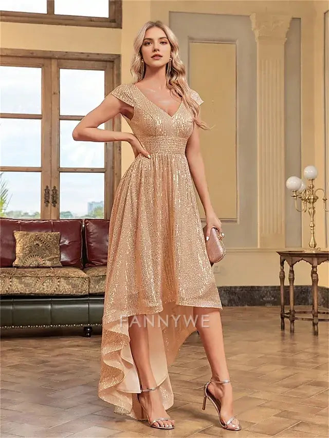 FannyWe Simple A-Line Quinceanera Dresses Elegant Dress Formal Wedding Asymmetrical Short Sleeve V Neck Polyester V Back with Sequin