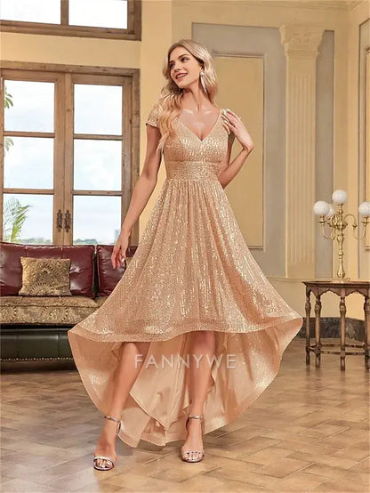 FannyWe Simple A-Line Quinceanera Dresses Elegant Dress Formal Wedding Asymmetrical Short Sleeve V Neck Polyester V Back with Sequin