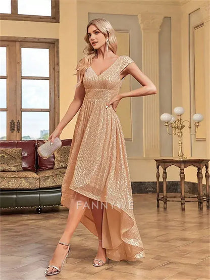 FannyWe Simple A-Line Quinceanera Dresses Elegant Dress Formal Wedding Asymmetrical Short Sleeve V Neck Polyester V Back with Sequin