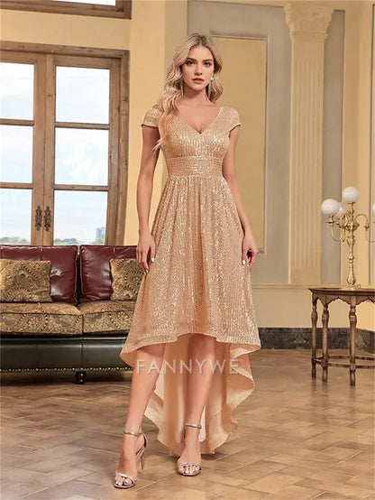 FannyWe Simple A-Line Quinceanera Dresses Elegant Dress Formal Wedding Asymmetrical Short Sleeve V Neck Polyester V Back with Sequin