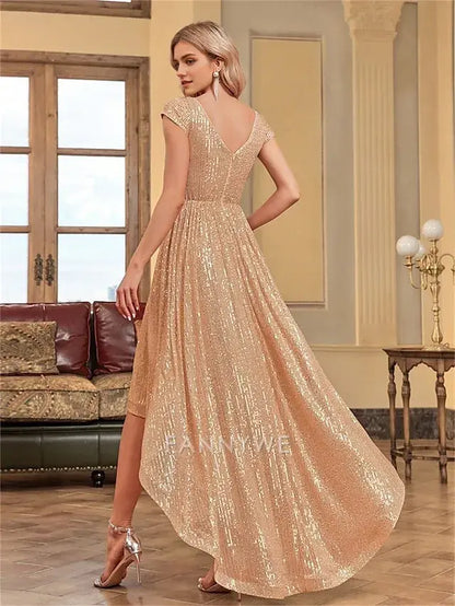 FannyWe Simple A-Line Quinceanera Dresses Elegant Dress Formal Wedding Asymmetrical Short Sleeve V Neck Polyester V Back with Sequin