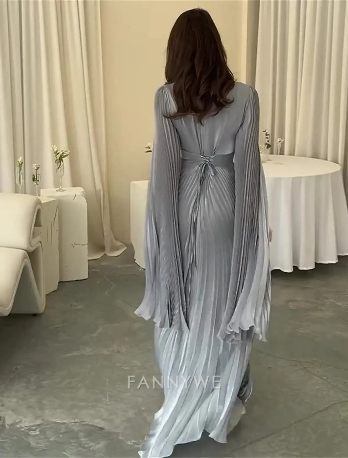 FannyWe Simple A-Line Quinceanera Dresses Elegant Dress Formal Wedding Floor Length Long Sleeve High Neck Polyester with Pleats