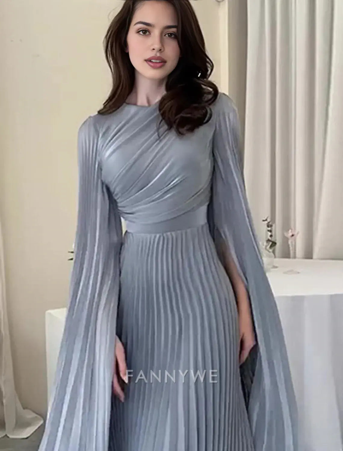 FannyWe Simple A-Line Quinceanera Dresses Elegant Dress Formal Wedding Floor Length Long Sleeve High Neck Polyester with Pleats