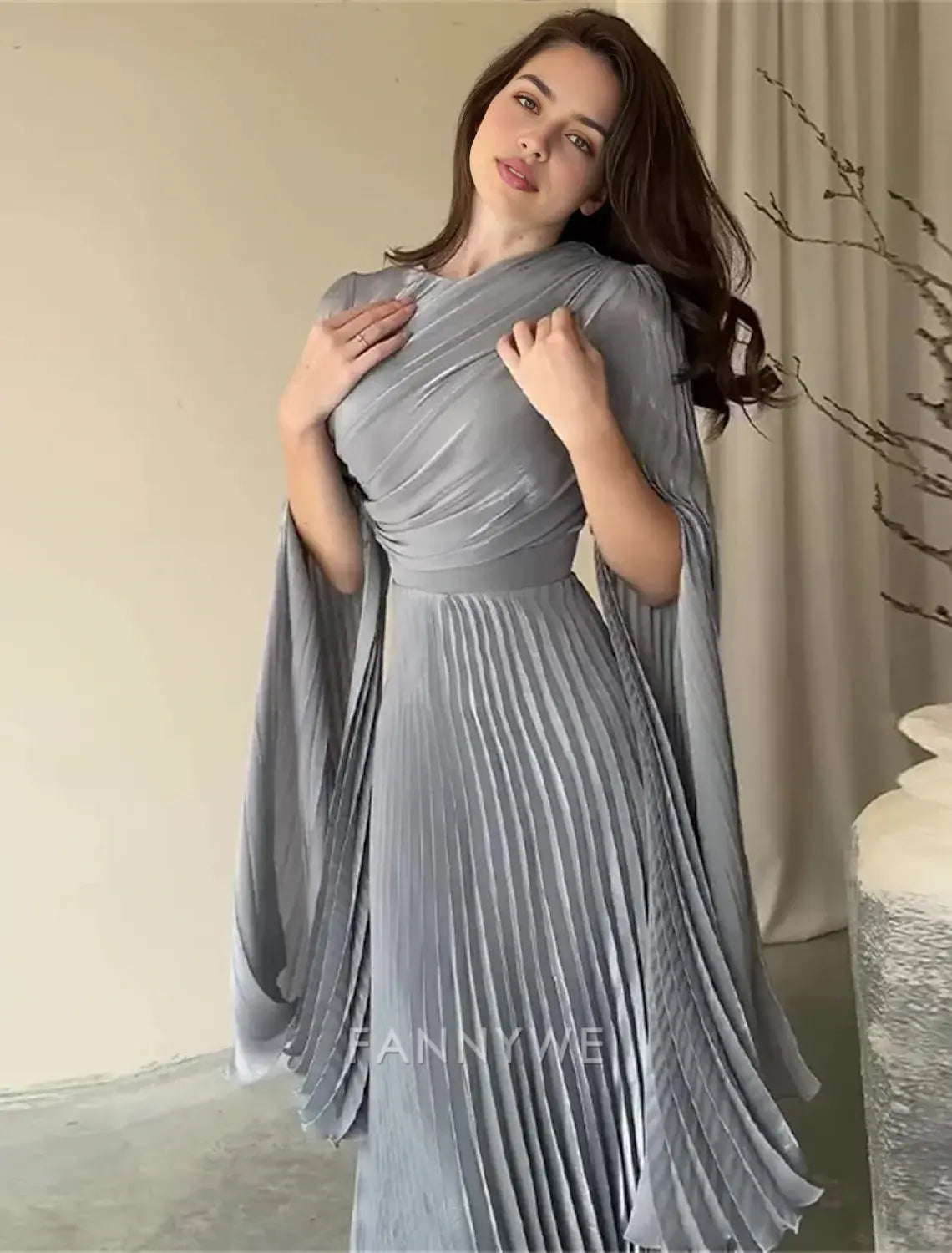 FannyWe Simple A-Line Quinceanera Dresses Elegant Dress Formal Wedding Floor Length Long Sleeve High Neck Polyester with Pleats