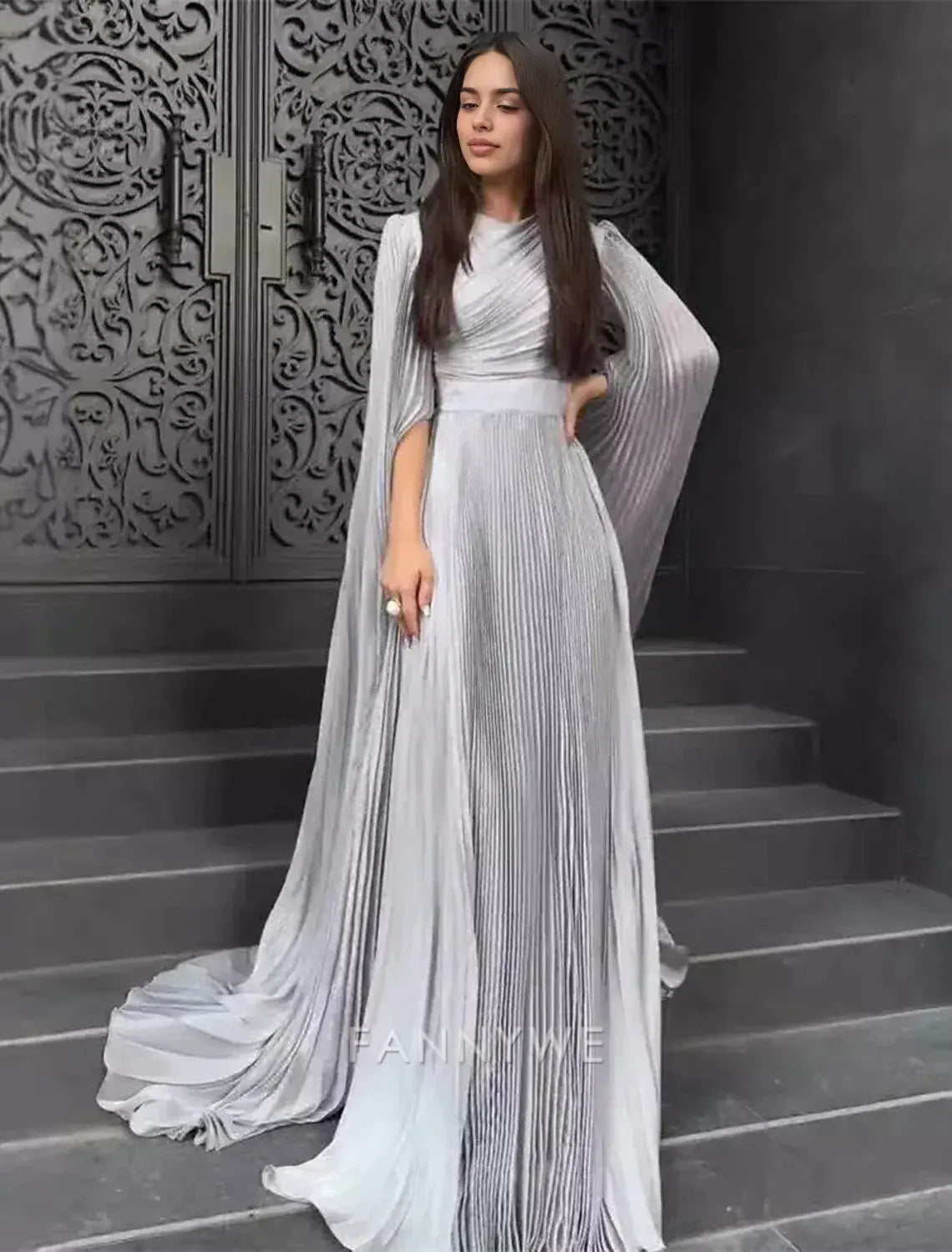 FannyWe Simple A-Line Quinceanera Dresses Elegant Dress Formal Wedding Floor Length Long Sleeve High Neck Polyester with Pleats