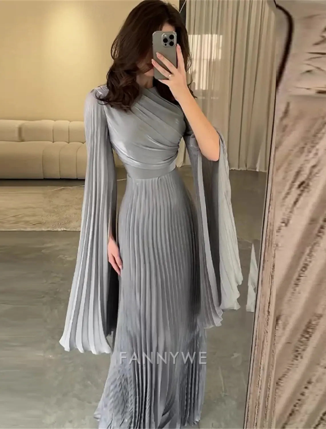 FannyWe Simple A-Line Quinceanera Dresses Elegant Dress Formal Wedding Floor Length Long Sleeve High Neck Polyester with Pleats