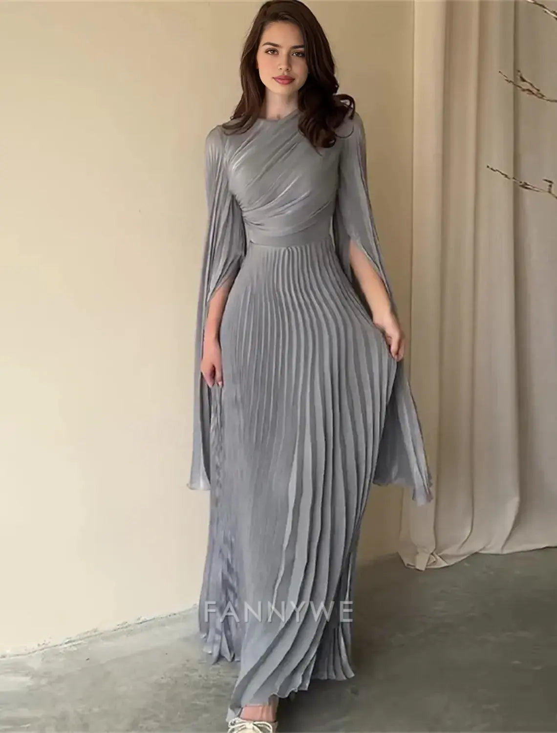 FannyWe Simple A-Line Quinceanera Dresses Elegant Dress Formal Wedding Floor Length Long Sleeve High Neck Polyester with Pleats